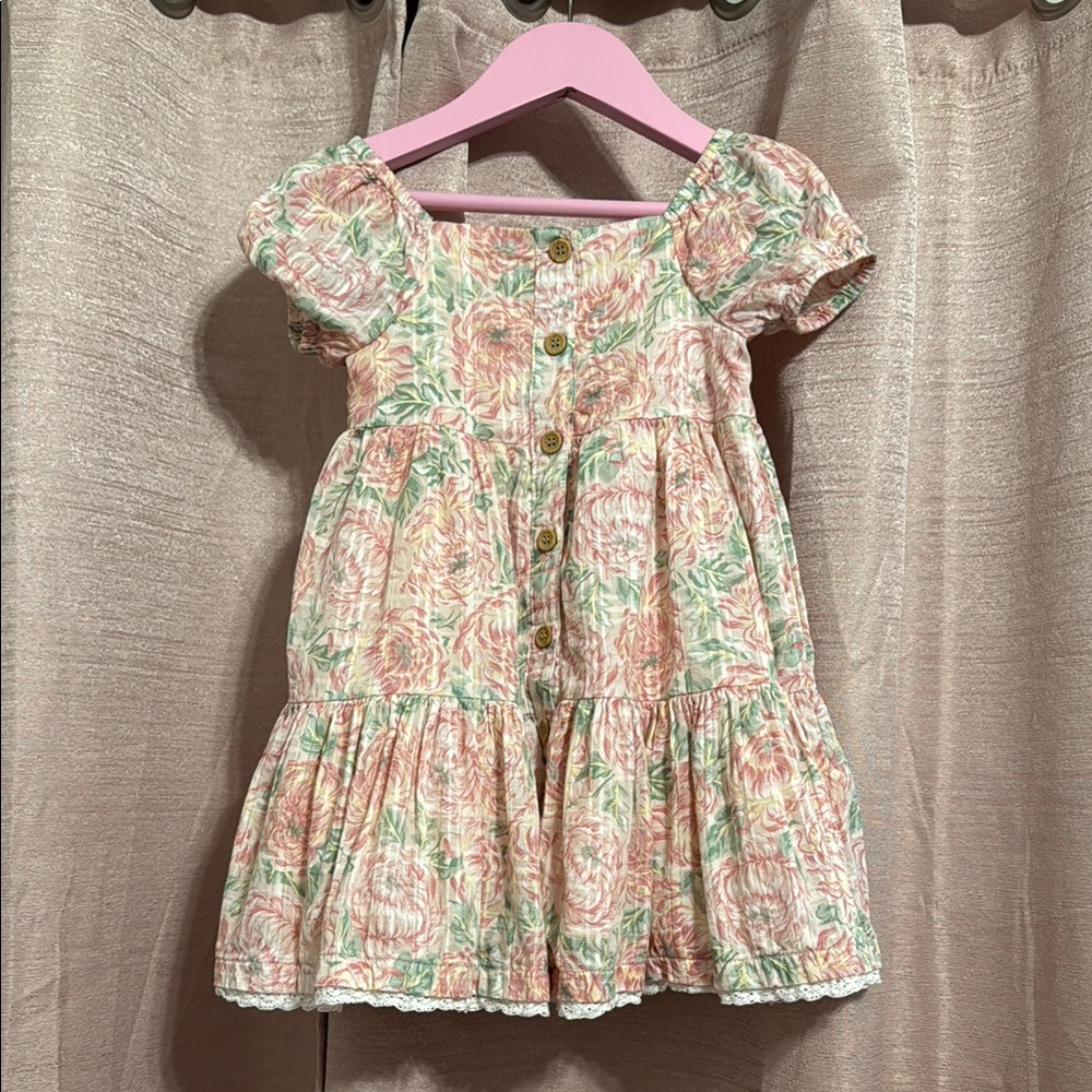 🚨2/$10‼️Floral Kids Dress with Pink and Green Accents